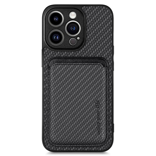 Detachable Magnetic Card Holder Phone Case for iPhone 15 Pro , Carbon Fiber PU Leather Coated PC+TPU Cover
