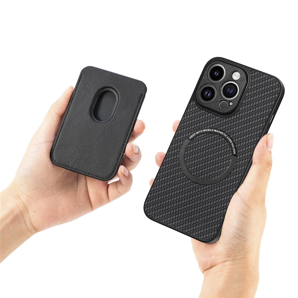 Detachable Magnetic Card Holder Phone Case for iPhone 15 Pro , Carbon Fiber PU Leather Coated PC+TPU Cover