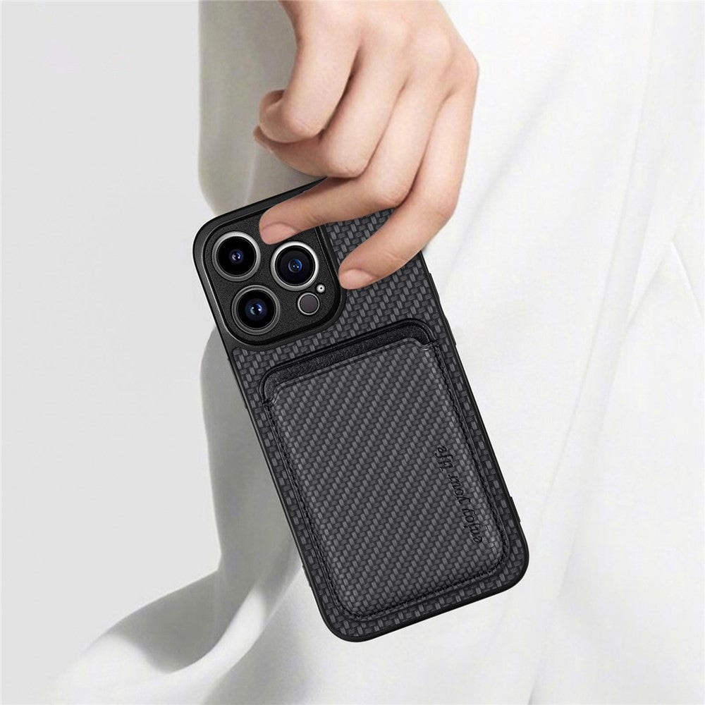 Detachable Magnetic Card Holder Phone Case for iPhone 15 Pro , Carbon Fiber PU Leather Coated PC+TPU Cover