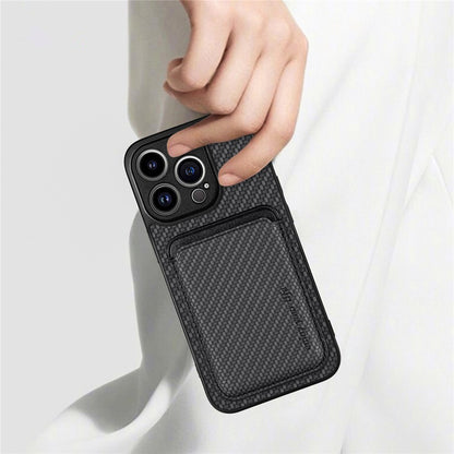 Detachable Magnetic Card Holder Phone Case for iPhone 15 Pro , Carbon Fiber PU Leather Coated PC+TPU Cover