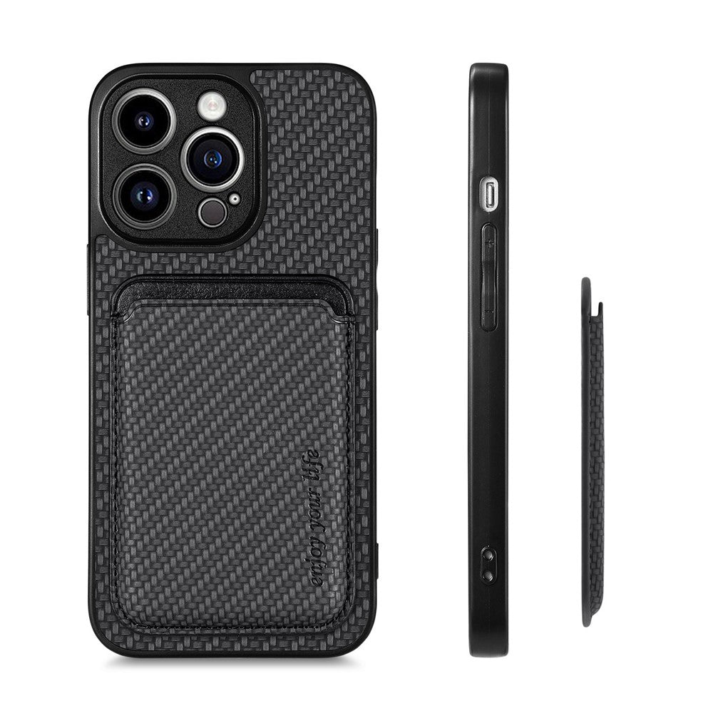 Detachable Magnetic Card Holder Phone Case for iPhone 15 Pro , Carbon Fiber PU Leather Coated PC+TPU Cover
