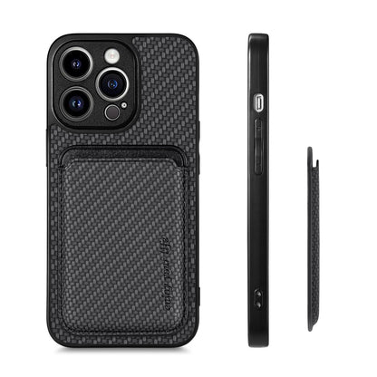 Detachable Magnetic Card Holder Phone Case for iPhone 15 Pro , Carbon Fiber PU Leather Coated PC+TPU Cover