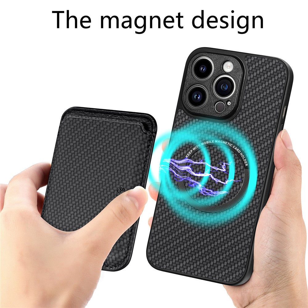Detachable Magnetic Card Holder Phone Case for iPhone 15 Pro , Carbon Fiber PU Leather Coated PC+TPU Cover