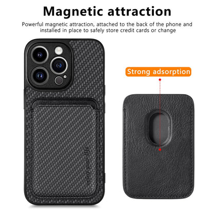 Detachable Magnetic Card Holder Phone Case for iPhone 15 Pro , Carbon Fiber PU Leather Coated PC+TPU Cover