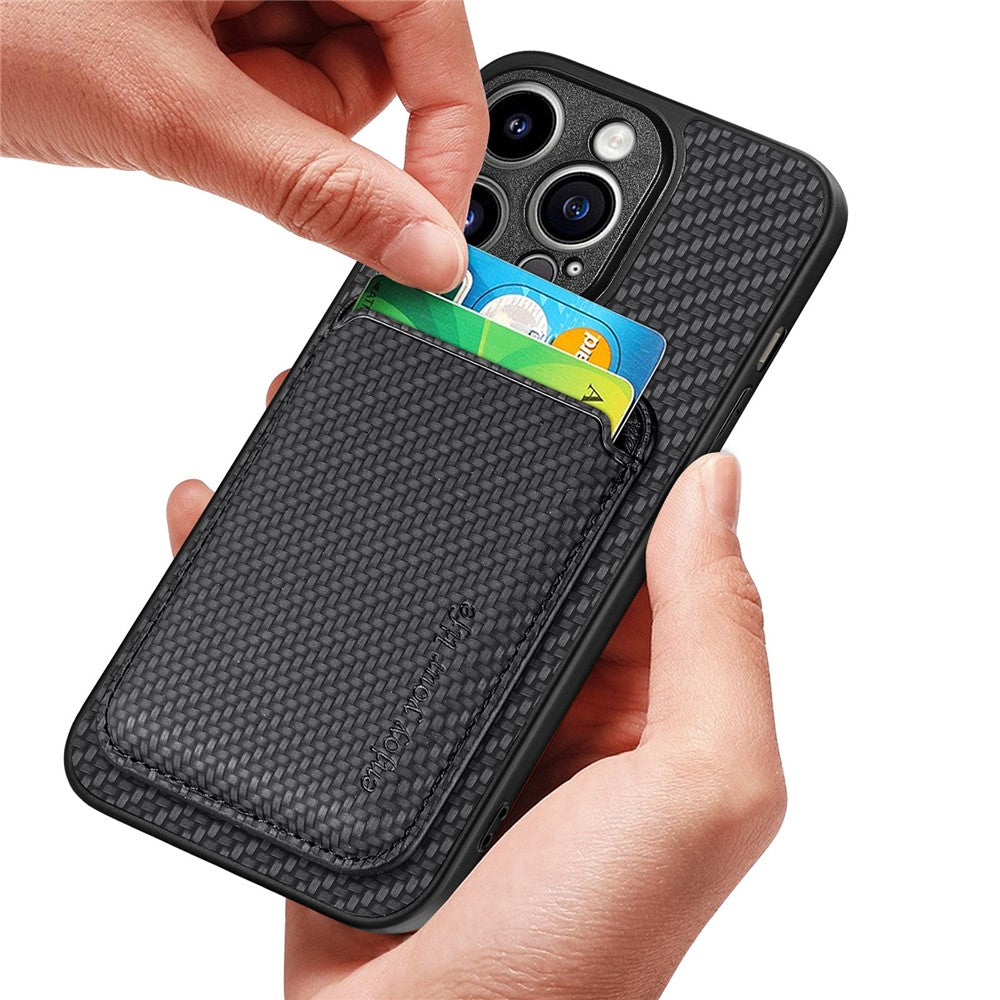 Detachable Magnetic Card Holder Phone Case for iPhone 15 Pro , Carbon Fiber PU Leather Coated PC+TPU Cover