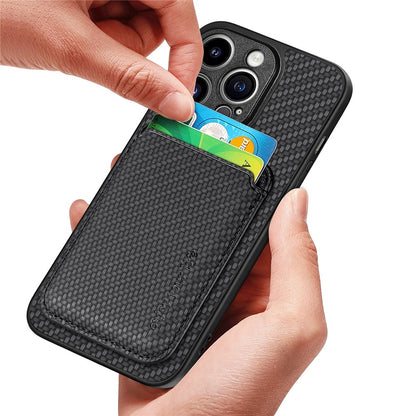 Detachable Magnetic Card Holder Phone Case for iPhone 15 Pro , Carbon Fiber PU Leather Coated PC+TPU Cover