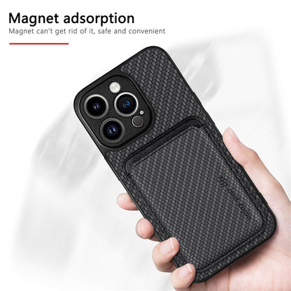 Detachable Magnetic Card Holder Phone Case for iPhone 15 Pro , Carbon Fiber PU Leather Coated PC+TPU Cover