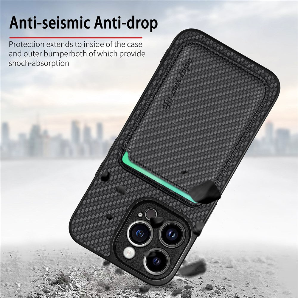 Detachable Magnetic Card Holder Phone Case for iPhone 15 Pro , Carbon Fiber PU Leather Coated PC+TPU Cover
