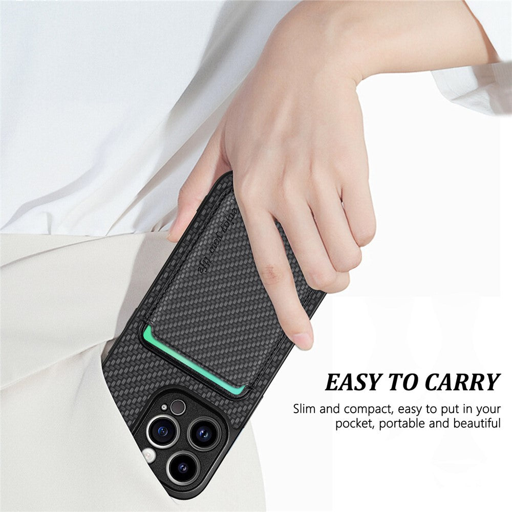 Detachable Magnetic Card Holder Phone Case for iPhone 15 Pro , Carbon Fiber PU Leather Coated PC+TPU Cover
