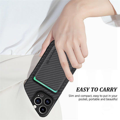 Detachable Magnetic Card Holder Phone Case for iPhone 15 Pro , Carbon Fiber PU Leather Coated PC+TPU Cover