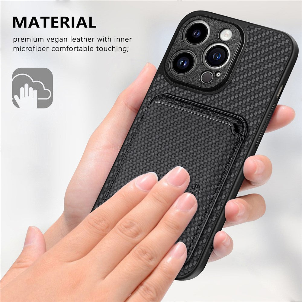 Detachable Magnetic Card Holder Phone Case for iPhone 15 Pro , Carbon Fiber PU Leather Coated PC+TPU Cover