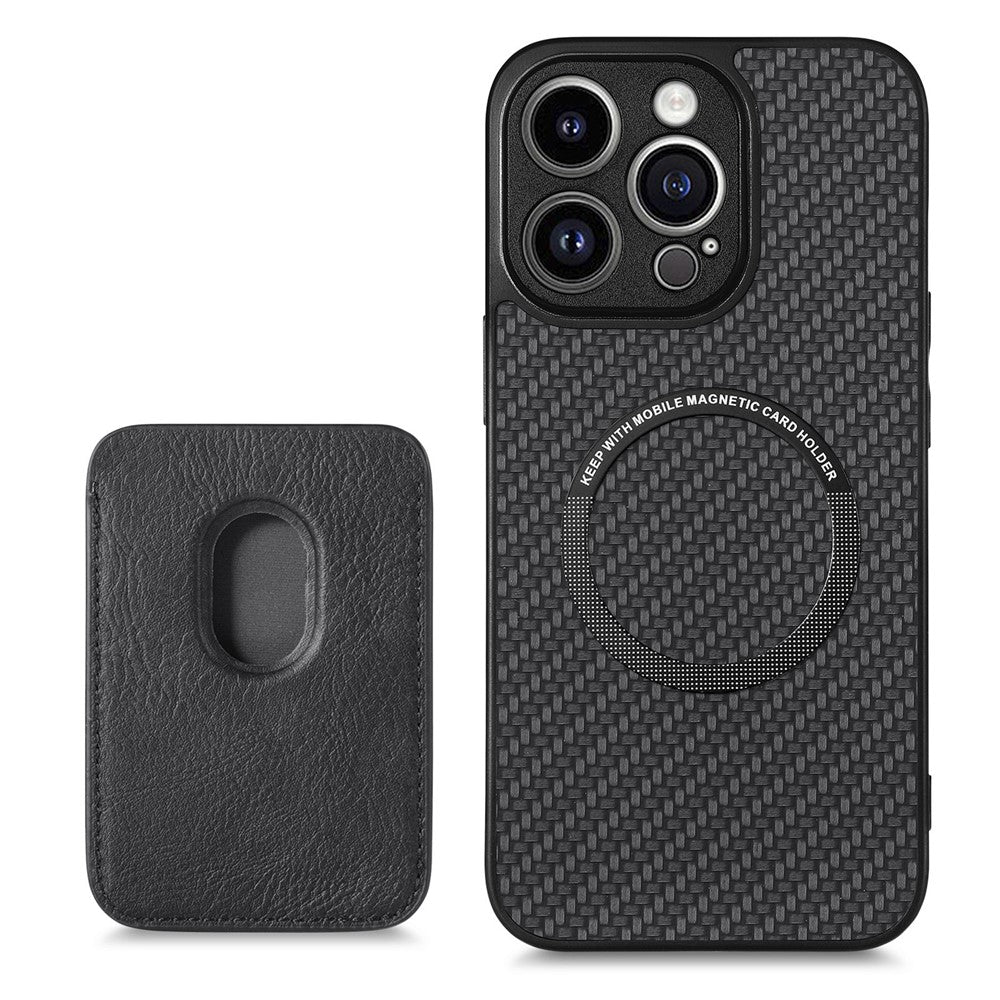 Detachable Magnetic Card Holder Phone Case for iPhone 15 Pro , Carbon Fiber PU Leather Coated PC+TPU Cover