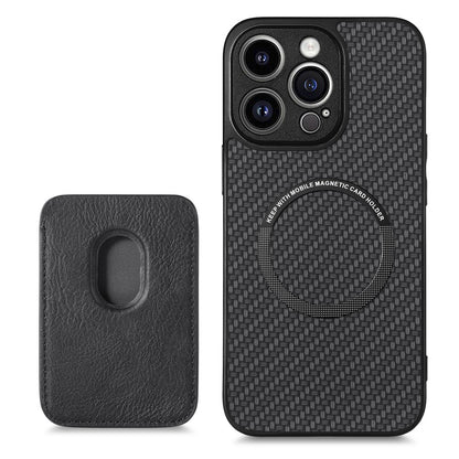 Detachable Magnetic Card Holder Phone Case for iPhone 15 Pro , Carbon Fiber PU Leather Coated PC+TPU Cover