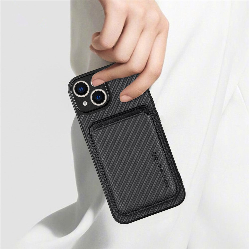 For iPhone 15 Plus Detachable Phone Case Carbon Fiber Magnetic Card Holder Leather+PC+TPU Cover