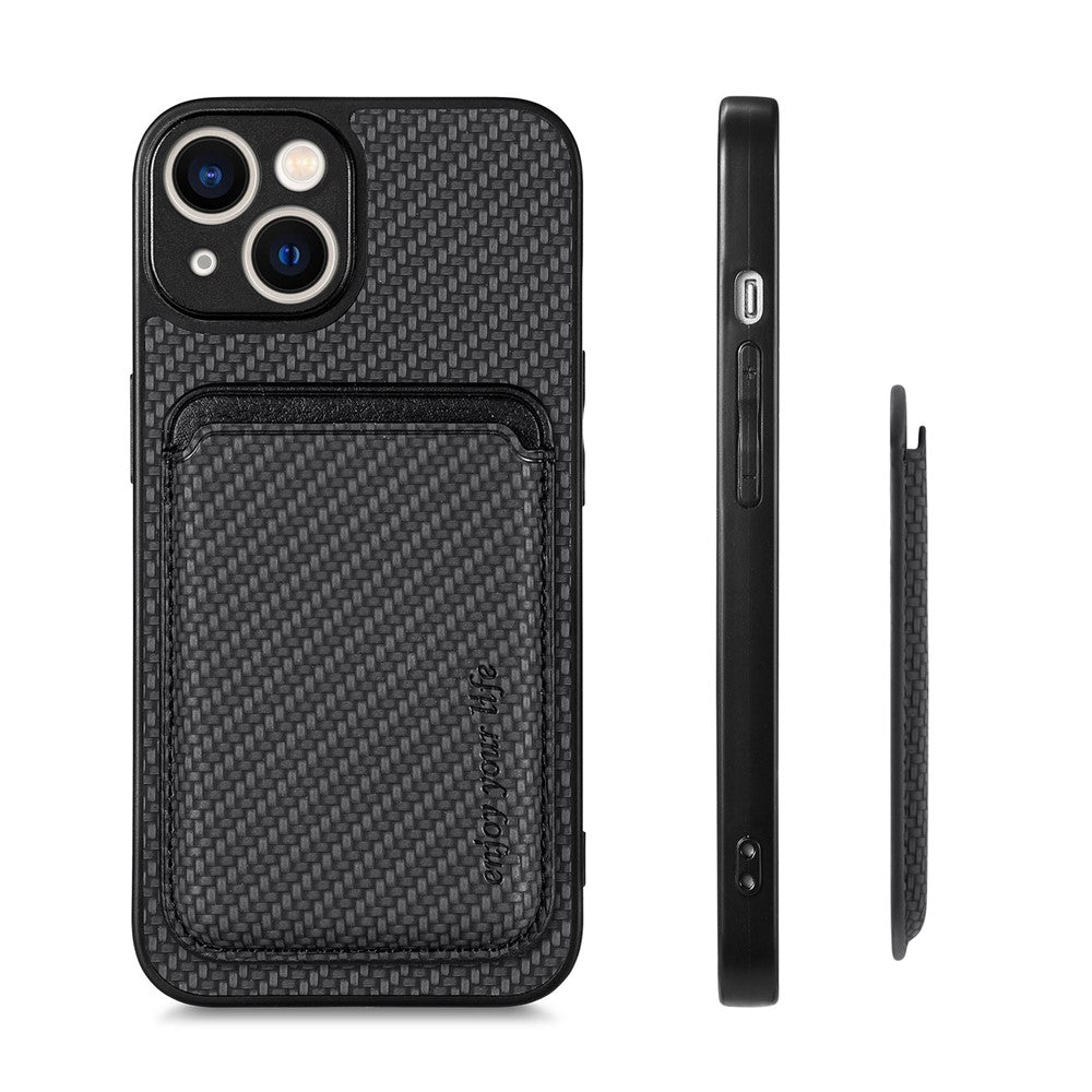 For iPhone 15 Plus Detachable Phone Case Carbon Fiber Magnetic Card Holder Leather+PC+TPU Cover