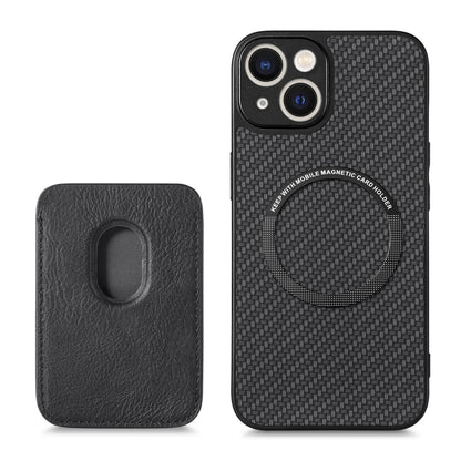 For iPhone 15 Plus Detachable Phone Case Carbon Fiber Magnetic Card Holder Leather+PC+TPU Cover