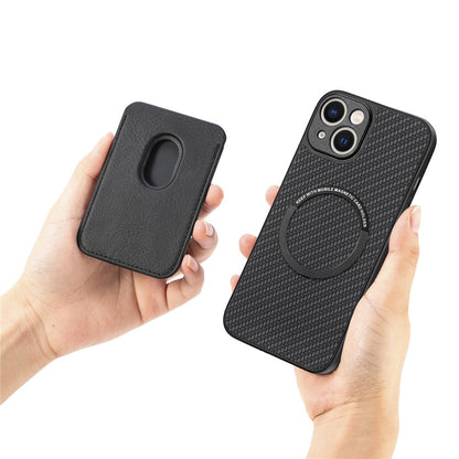 Carbon Fiber Phone Case for iPhone 15 , Leather+PC+TPU Cover with Detachable Magnetic Card Holder