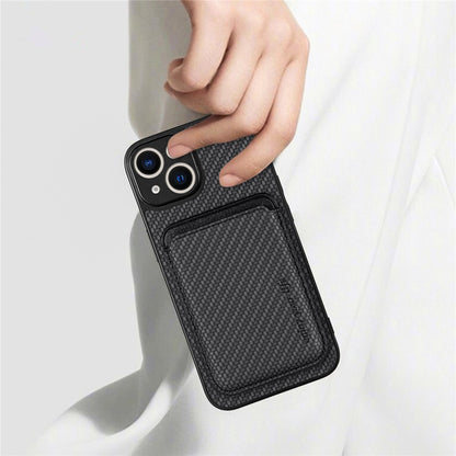 Carbon Fiber Phone Case for iPhone 15 , Leather+PC+TPU Cover with Detachable Magnetic Card Holder