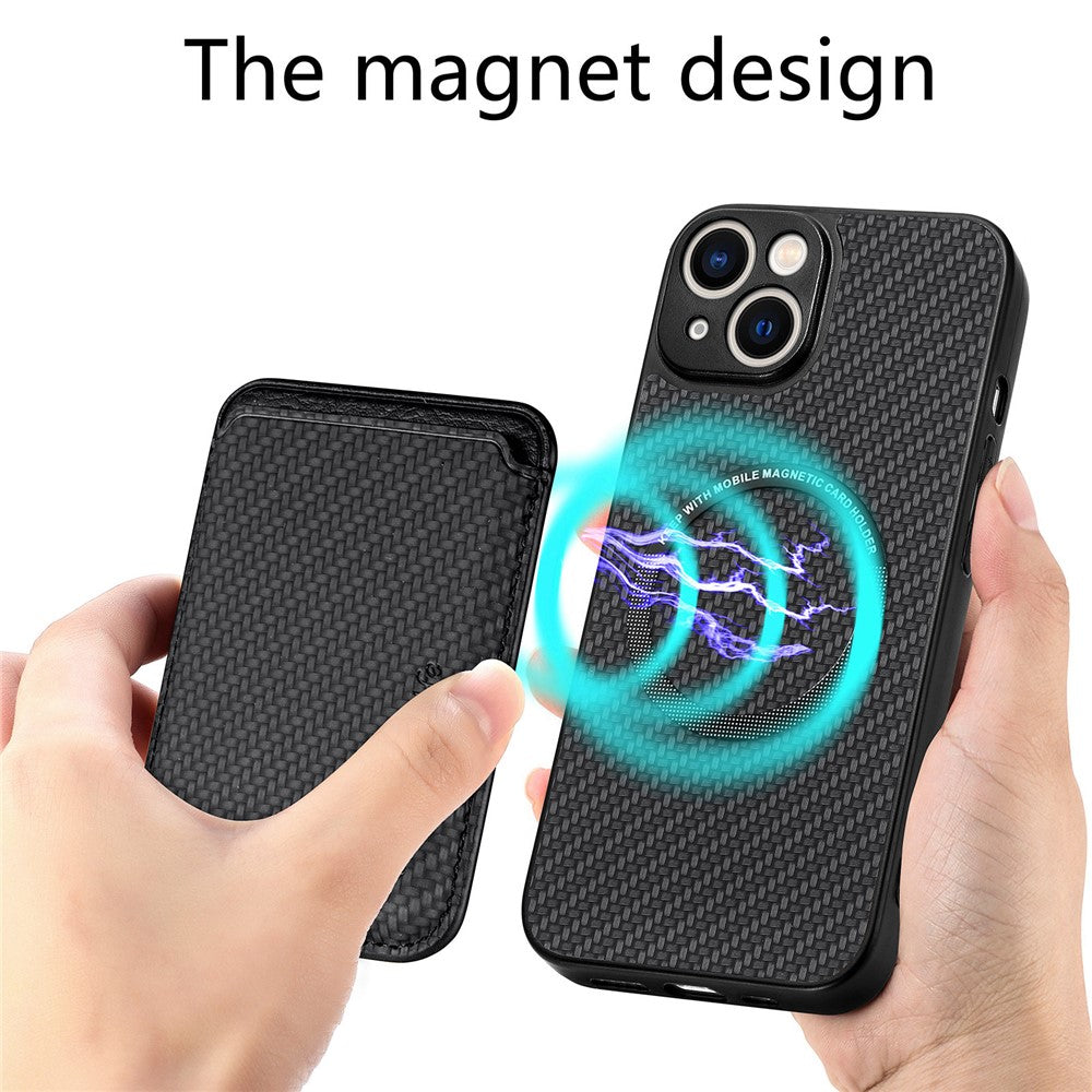 Carbon Fiber Phone Case for iPhone 15 , Leather+PC+TPU Cover with Detachable Magnetic Card Holder
