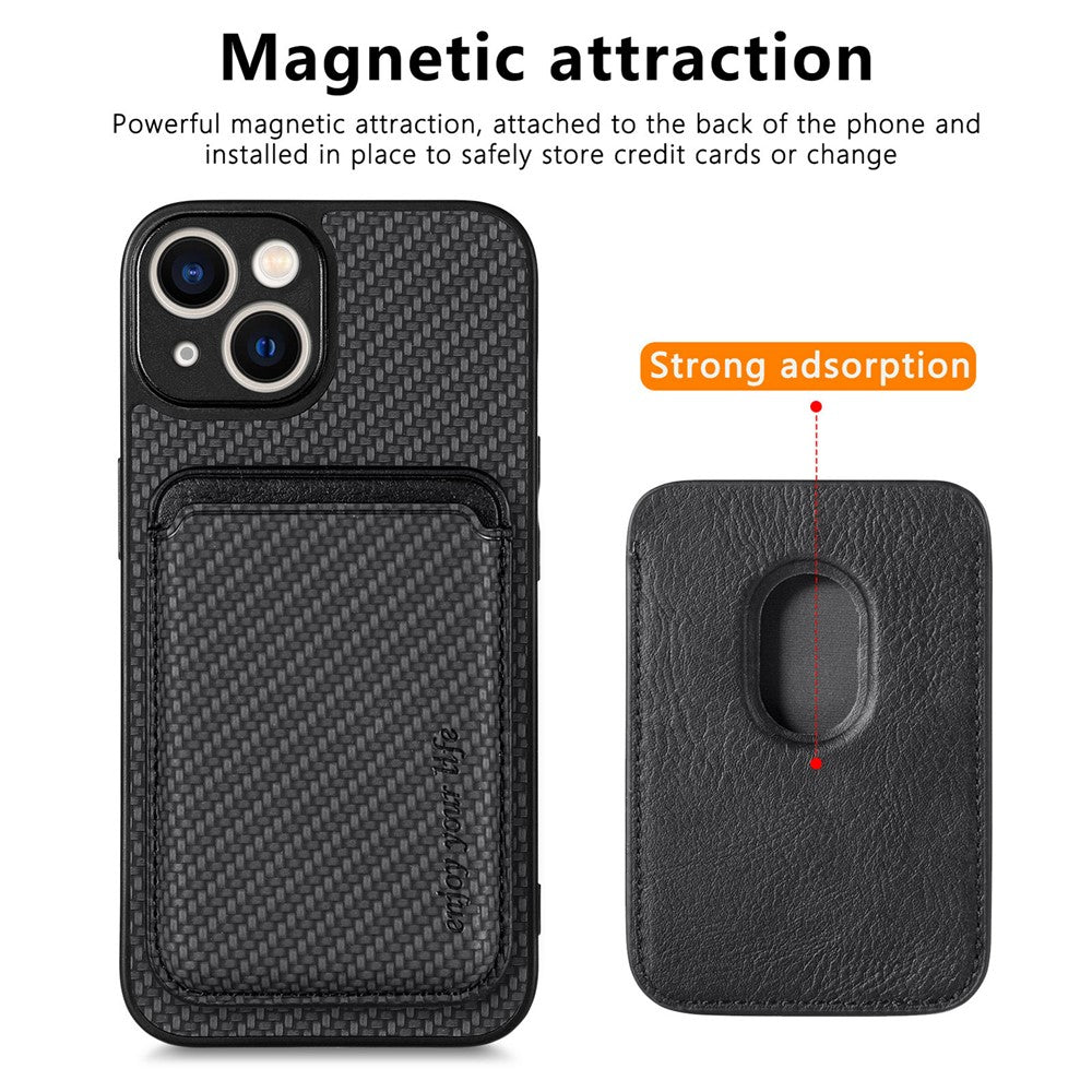 Carbon Fiber Phone Case for iPhone 15 , Leather+PC+TPU Cover with Detachable Magnetic Card Holder