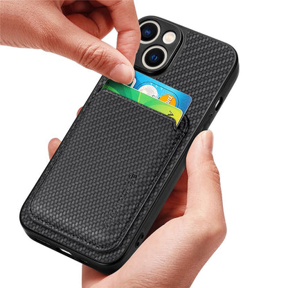 Carbon Fiber Phone Case for iPhone 15 , Leather+PC+TPU Cover with Detachable Magnetic Card Holder