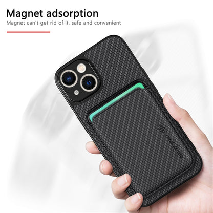 Carbon Fiber Phone Case for iPhone 15 , Leather+PC+TPU Cover with Detachable Magnetic Card Holder