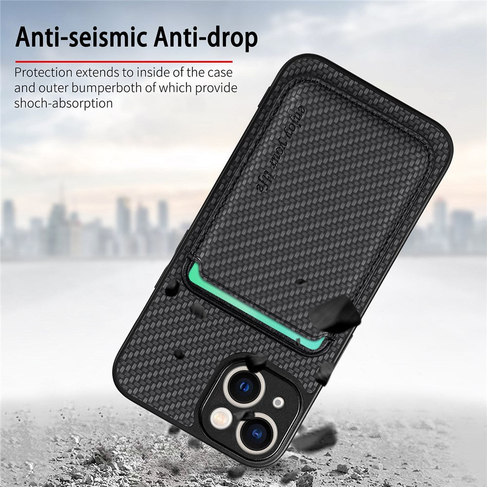 Carbon Fiber Phone Case for iPhone 15 , Leather+PC+TPU Cover with Detachable Magnetic Card Holder
