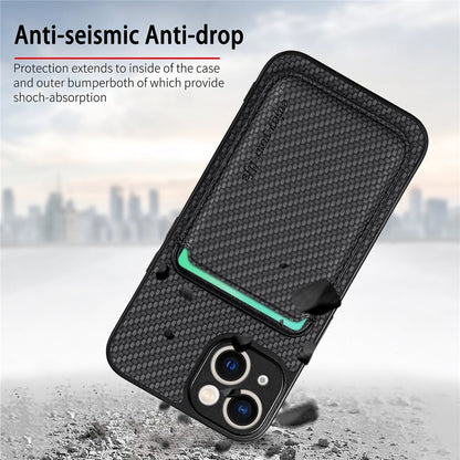 Carbon Fiber Phone Case for iPhone 15 , Leather+PC+TPU Cover with Detachable Magnetic Card Holder