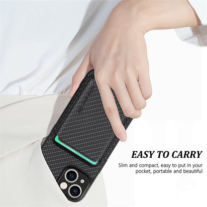Carbon Fiber Phone Case for iPhone 15 , Leather+PC+TPU Cover with Detachable Magnetic Card Holder