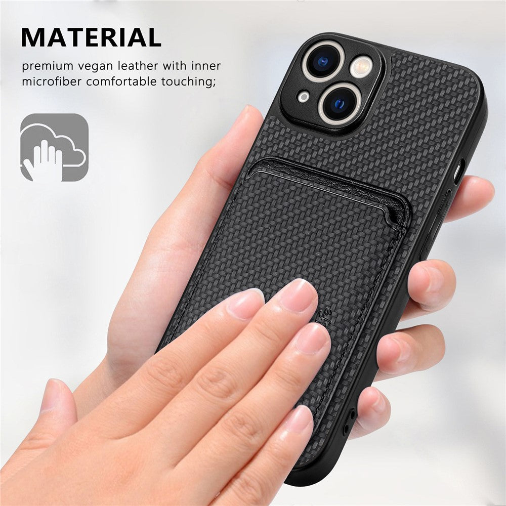 Carbon Fiber Phone Case for iPhone 15 , Leather+PC+TPU Cover with Detachable Magnetic Card Holder