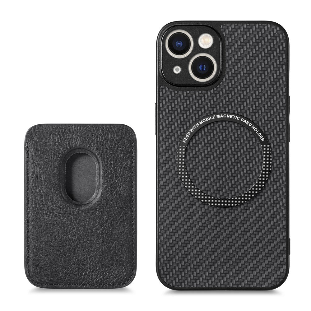 Carbon Fiber Phone Case for iPhone 15 , Leather+PC+TPU Cover with Detachable Magnetic Card Holder
