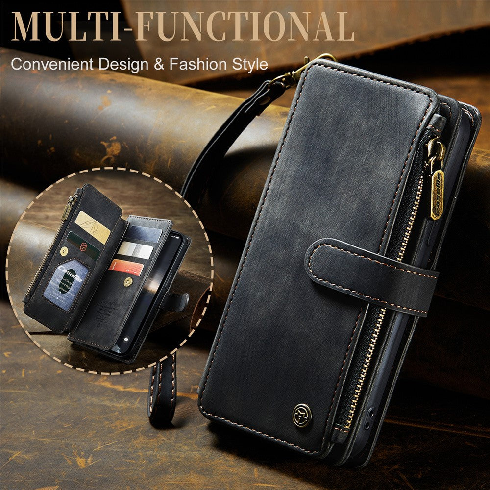 For iPhone 15 Plus Phone Cases with Strap CASEME C30 Zipper Multiple Card Holder PU Leather Cover