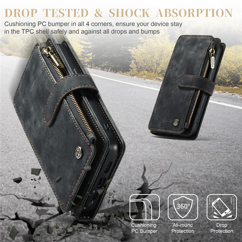 For iPhone 15 Plus Phone Cases with Strap CASEME C30 Zipper Multiple Card Holder PU Leather Cover