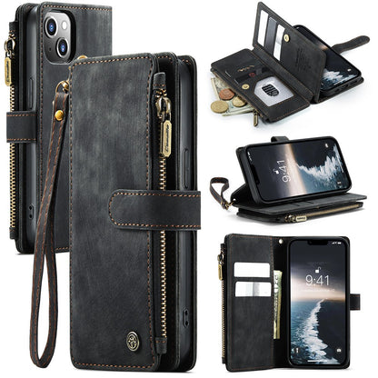 For iPhone 15 Phone Cases with Strap CASEME C30 Zipper Multiple Card Holder PU Leather Cover