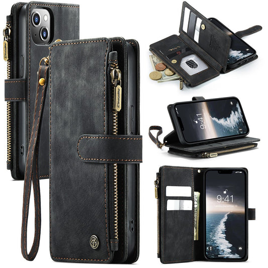 For iPhone 15 Phone Cases with Strap CASEME C30 Zipper Multiple Card Holder PU Leather Cover