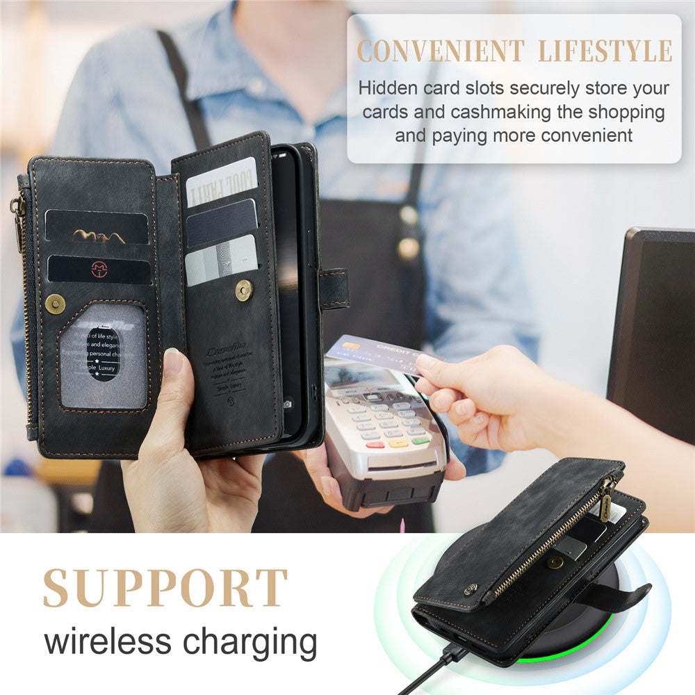 For iPhone 15 Phone Cases with Strap CASEME C30 Zipper Multiple Card Holder PU Leather Cover