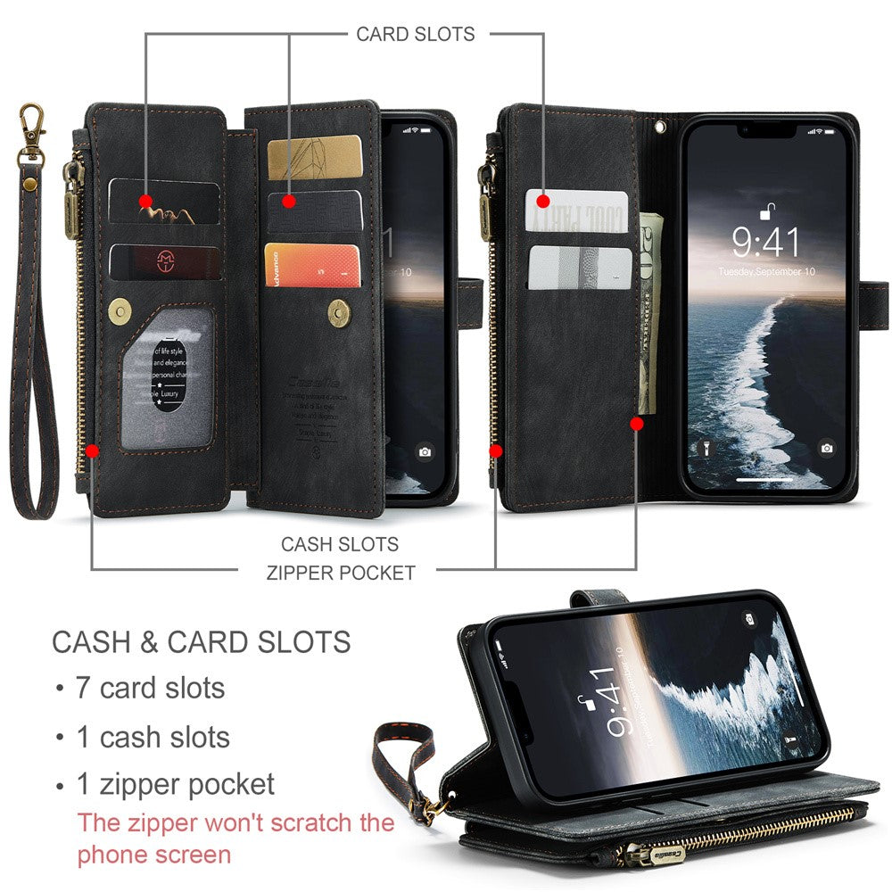For iPhone 15 Phone Cases with Strap CASEME C30 Zipper Multiple Card Holder PU Leather Cover