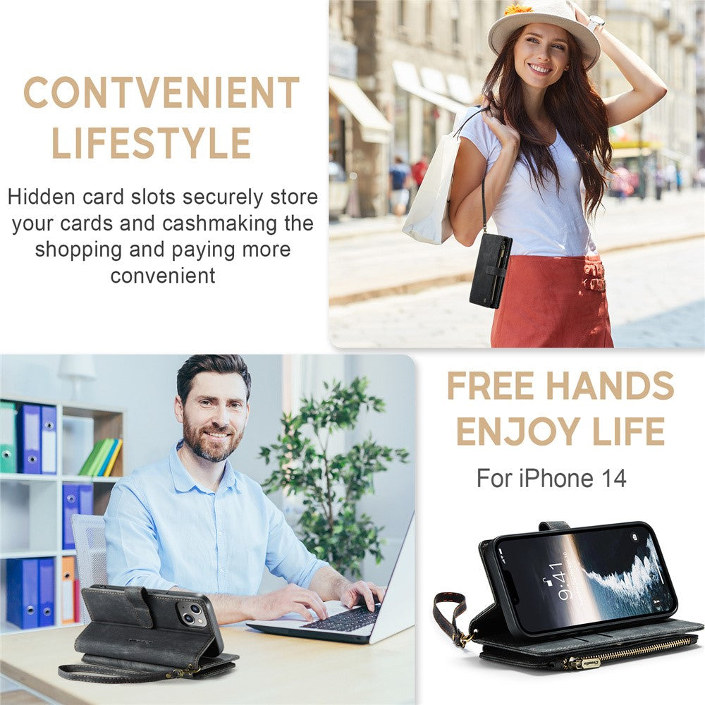 For iPhone 15 Phone Cases with Strap CASEME C30 Zipper Multiple Card Holder PU Leather Cover