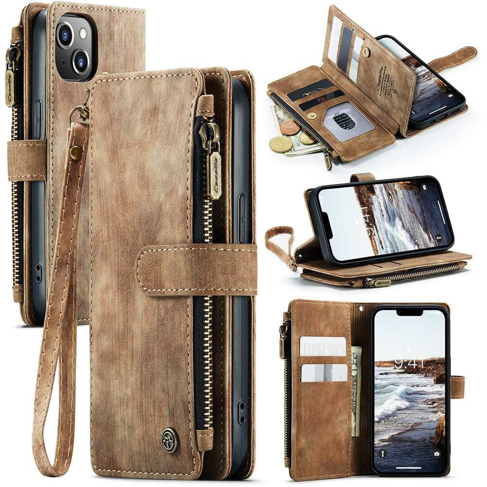 For iPhone 15 Phone Cases with Strap CASEME C30 Zipper Multiple Card Holder PU Leather Cover