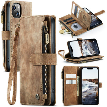 For iPhone 15 Phone Cases with Strap CASEME C30 Zipper Multiple Card Holder PU Leather Cover