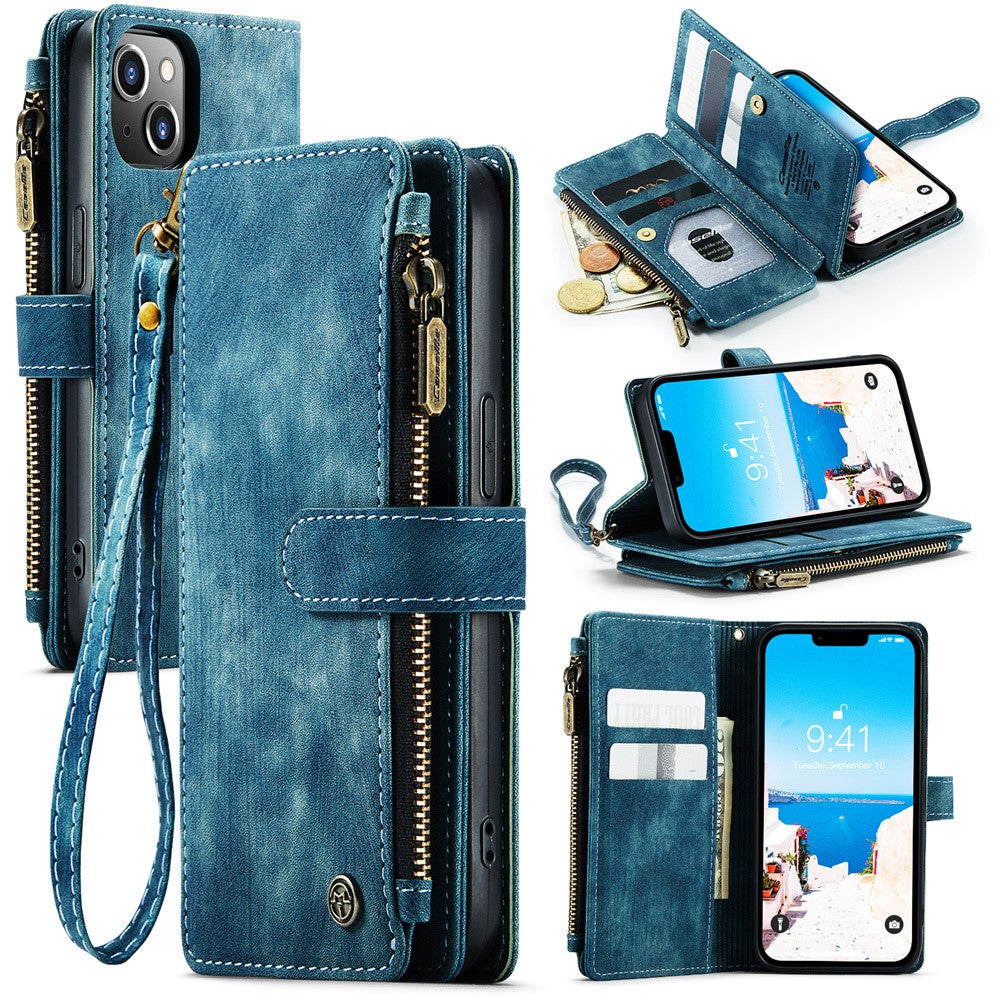 For iPhone 15 Phone Cases with Strap CASEME C30 Zipper Multiple Card Holder PU Leather Cover