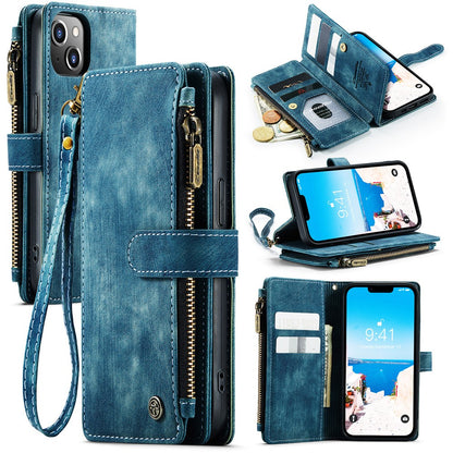For iPhone 15 Phone Cases with Strap CASEME C30 Zipper Multiple Card Holder PU Leather Cover