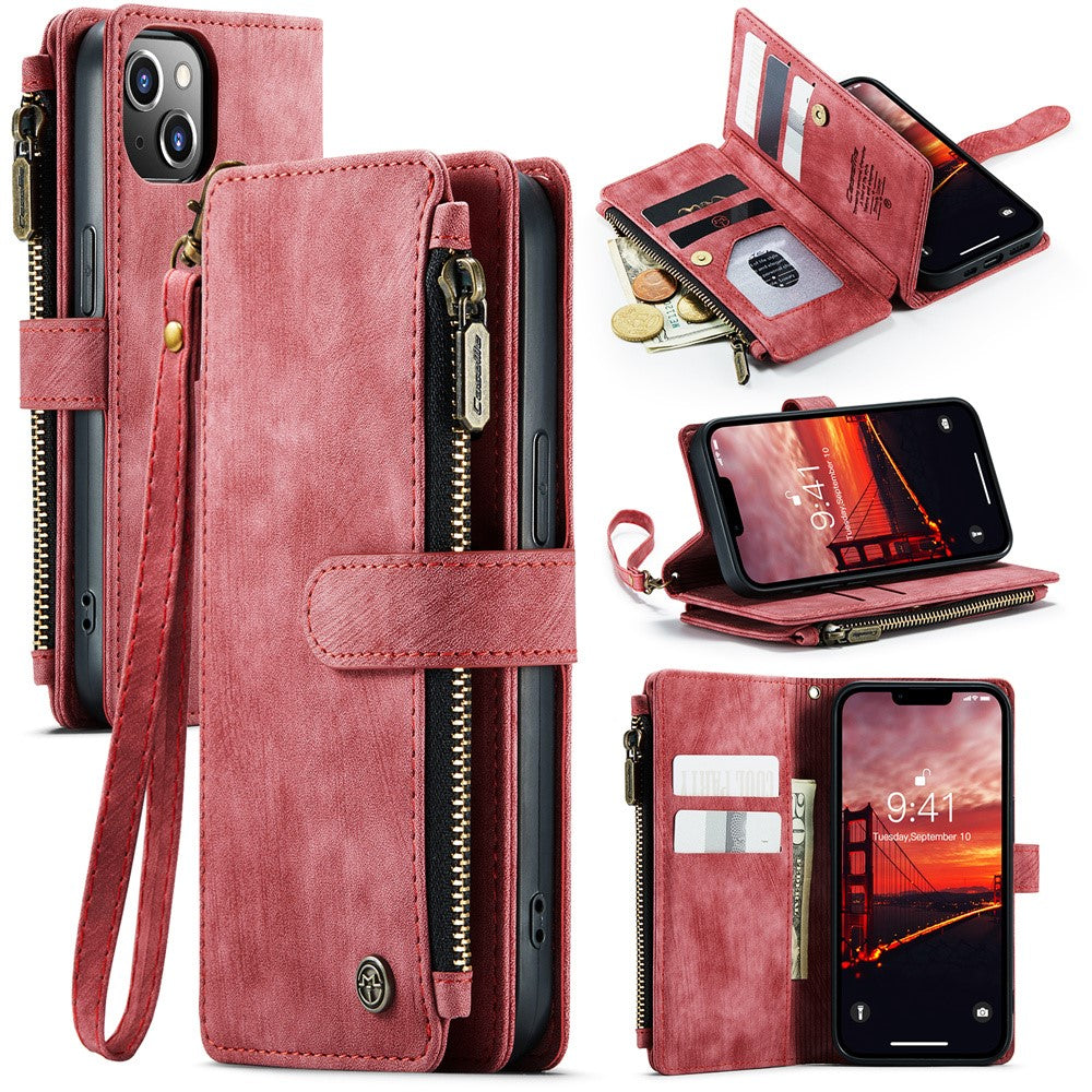 For iPhone 15 Phone Cases with Strap CASEME C30 Zipper Multiple Card Holder PU Leather Cover