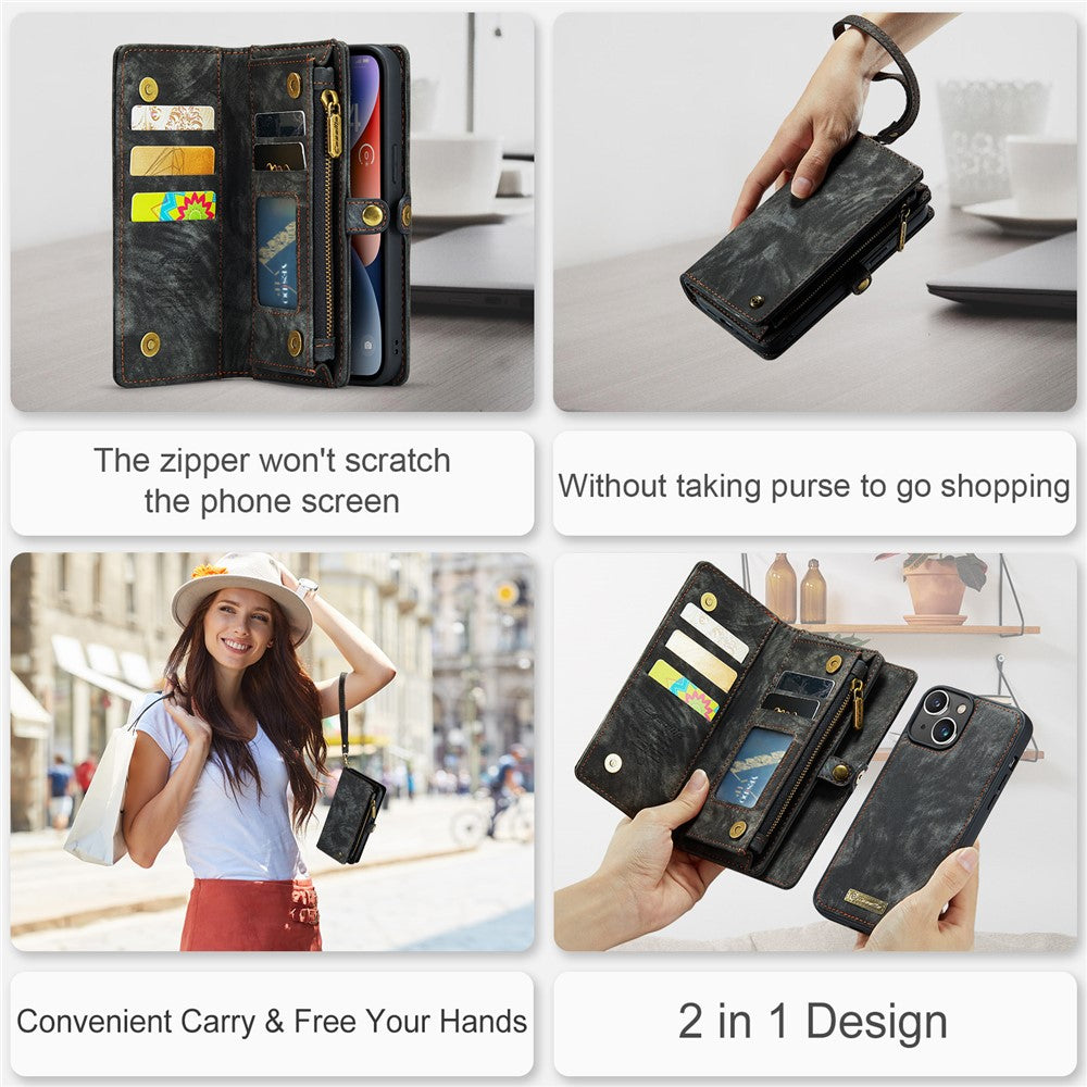 For iPhone 15 Plus Phone Cases CASEME 008 Leather Cover with Detachable Wallet and Strap