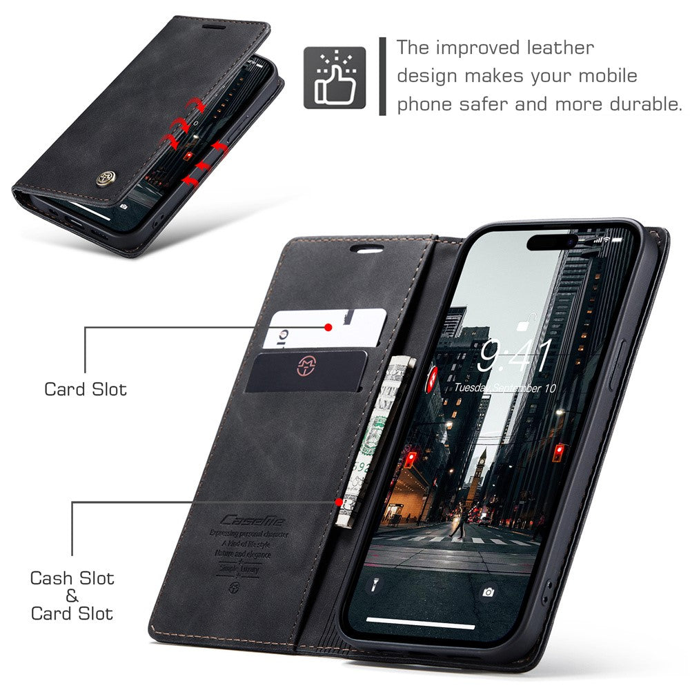 CASEME 013 Series For iPhone 15 Pro Leather Wallet Phone Case Folding Stand Anti-scratch Cover