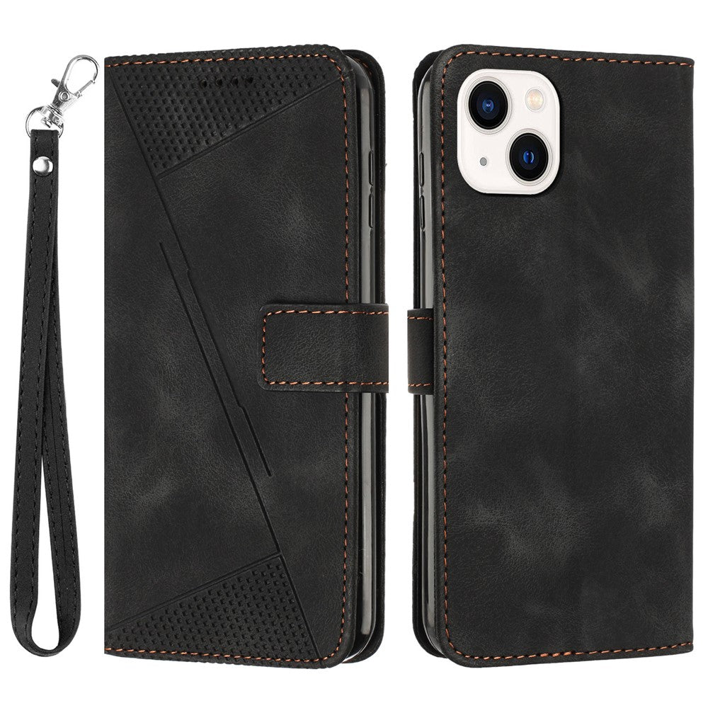 For iPhone 15 Plus Imprinted Triangle Pattern PU Leather Phone Case Stand Wallet Cover with Hand Strap