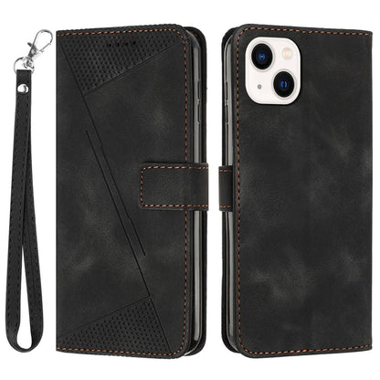 For iPhone 15 Plus Imprinted Triangle Pattern PU Leather Phone Case Stand Wallet Cover with Hand Strap