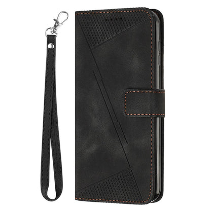 For iPhone 15 Plus Imprinted Triangle Pattern PU Leather Phone Case Stand Wallet Cover with Hand Strap