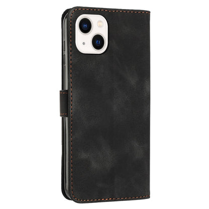 For iPhone 15 Plus Imprinted Triangle Pattern PU Leather Phone Case Stand Wallet Cover with Hand Strap