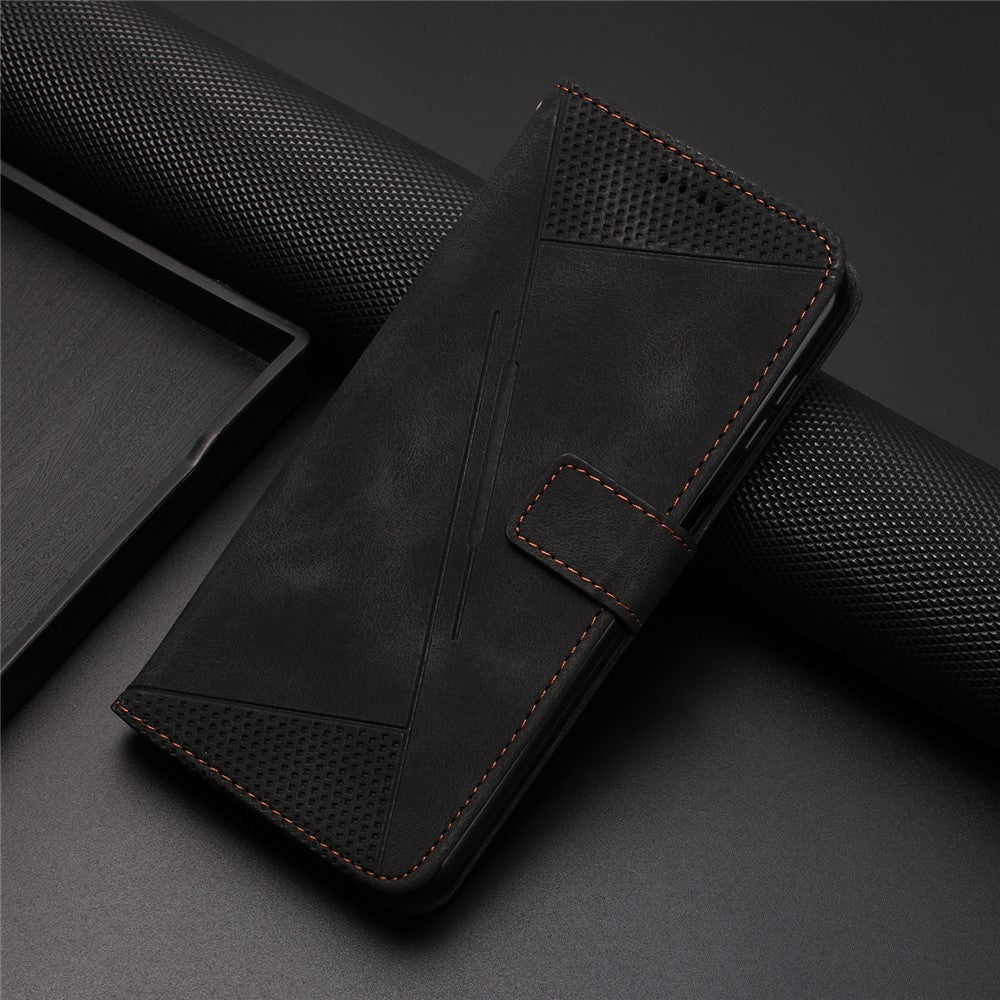 For iPhone 15 Plus Imprinted Triangle Pattern PU Leather Phone Case Stand Wallet Cover with Hand Strap